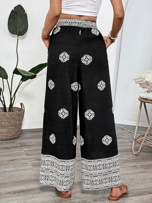 Holiday ethnic style printed straight trousers elastic waist drawstring casual comfortable straight trousers-[Adult]-[Female]-2022 Online Blue Zone Planet