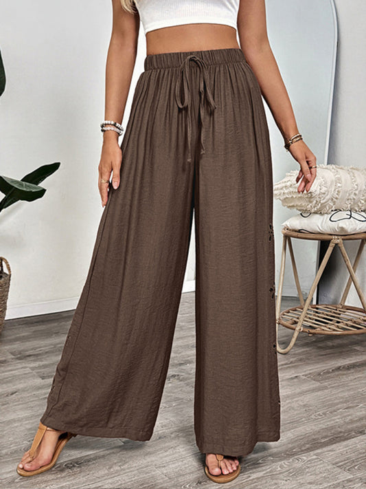 Simple style lace-up embroidered solid color loose wide-leg pants-[Adult]-[Female]-Brown-S-2022 Online Blue Zone Planet