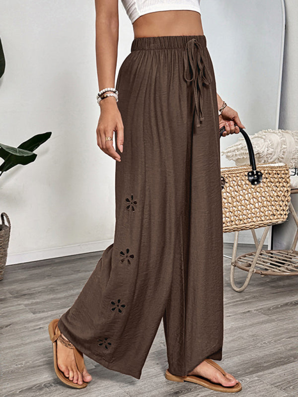 Simple style lace-up embroidered solid color loose wide-leg pants-[Adult]-[Female]-2022 Online Blue Zone Planet
