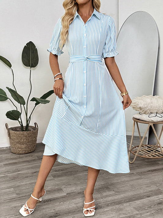 Shirt-style puff sleeve lapel striped dress-TOPS / DRESSES-[Adult]-[Female]-Blue-S-2022 Online Blue Zone Planet