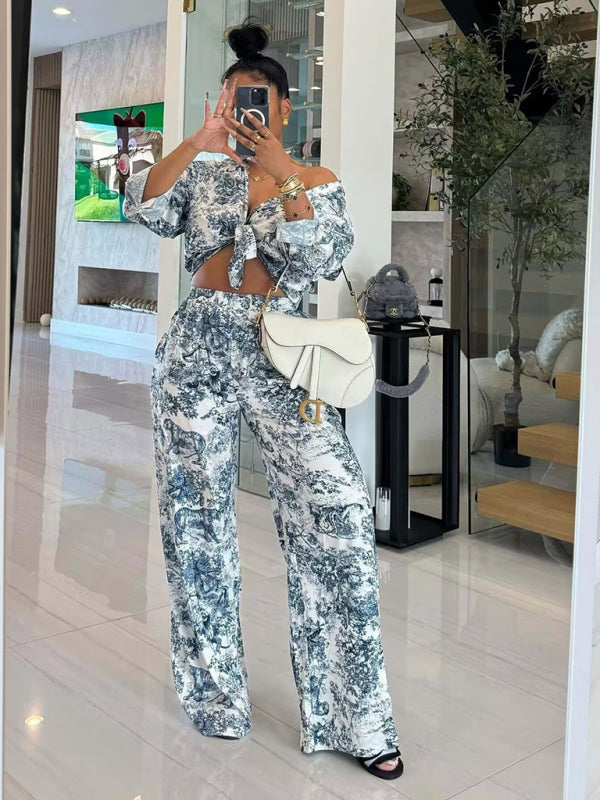 Printed Animal Shirt and Casual Pants Set-[Adult]-[Female]-Blue-XS-2022 Online Blue Zone Planet