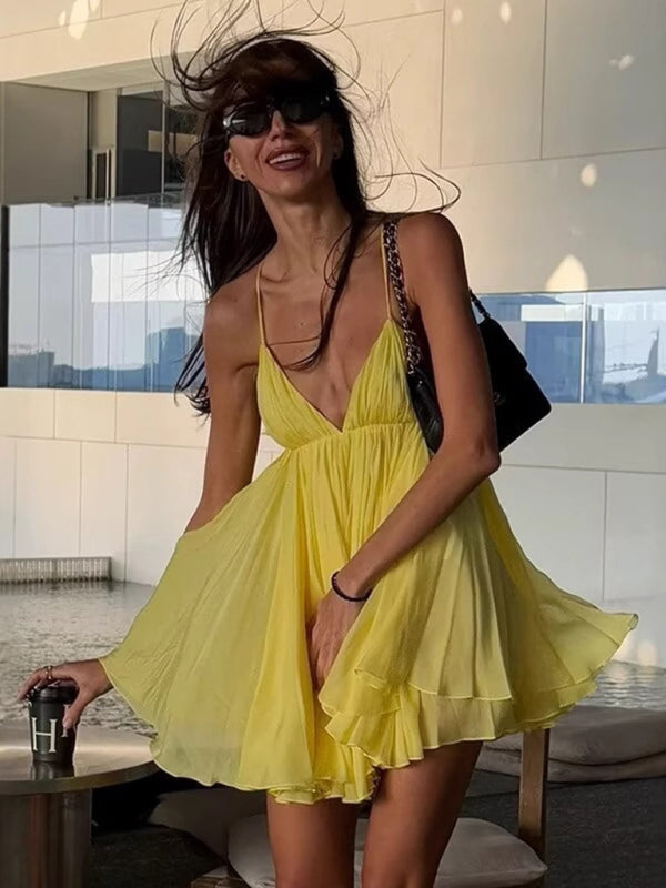 Kat's Sleeveless V-neck Halter Back Holiday Mini Dress-TOPS / DRESSES-[Adult]-[Female]-Yellow-XS-2022 Online Blue Zone Planet