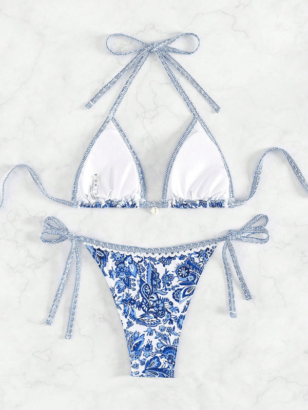 Blue floral print sexy strappy bikini set-[Adult]-[Female]-2022 Online Blue Zone Planet