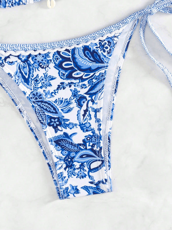 Blue floral print sexy strappy bikini set-[Adult]-[Female]-2022 Online Blue Zone Planet