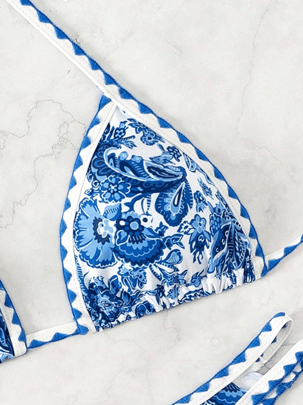 Blue Printed Halter Neck Sexy Bikini-[Adult]-[Female]-2022 Online Blue Zone Planet