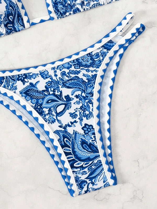 Blue Printed Halter Neck Sexy Bikini-[Adult]-[Female]-2022 Online Blue Zone Planet