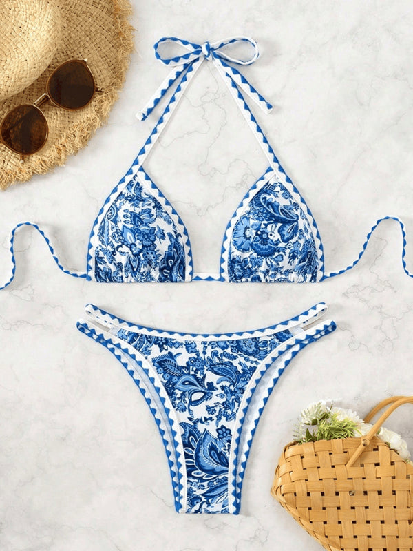 Blue Printed Halter Neck Sexy Bikini-[Adult]-[Female]-2022 Online Blue Zone Planet