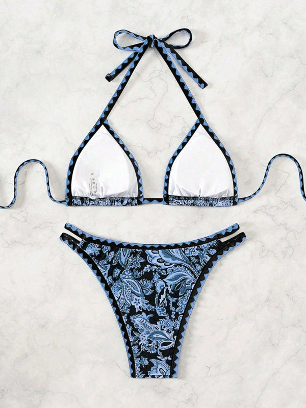 Dark blue printed halter neck sexy bikini-[Adult]-[Female]-2022 Online Blue Zone Planet