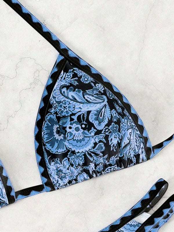 Dark blue printed halter neck sexy bikini-[Adult]-[Female]-2022 Online Blue Zone Planet