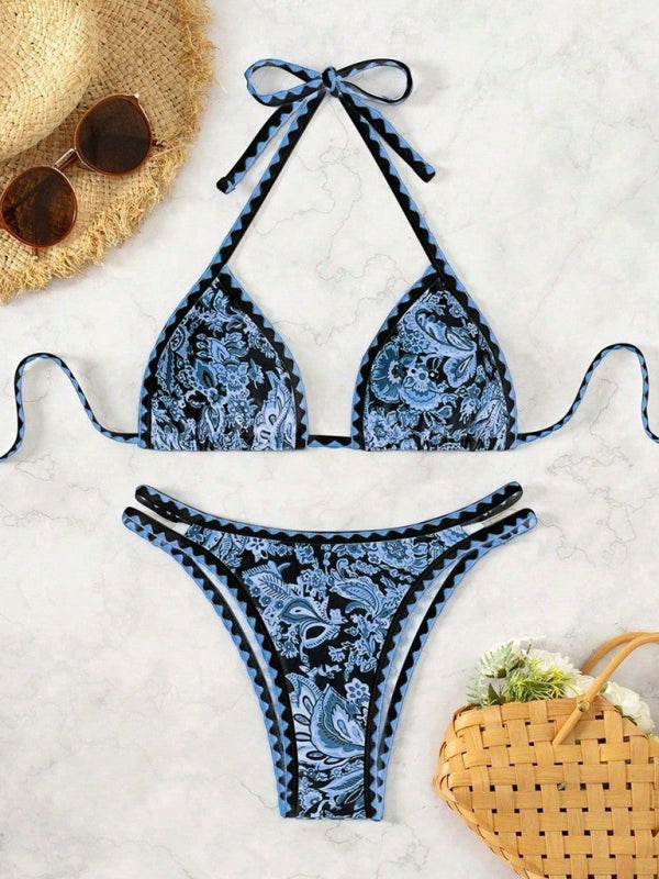 Dark blue printed halter neck sexy bikini-[Adult]-[Female]-Purplish blue navy-S-2022 Online Blue Zone Planet
