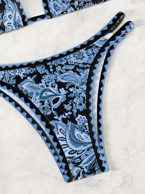 Dark blue printed halter neck sexy bikini-[Adult]-[Female]-2022 Online Blue Zone Planet