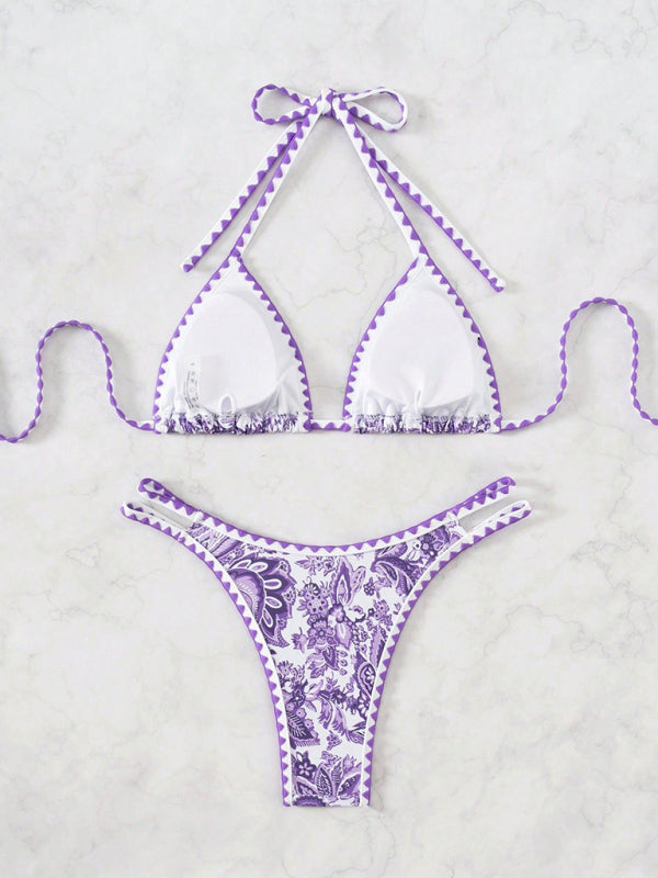 Purple Printed Halter Neck Sexy Bikini-[Adult]-[Female]-2022 Online Blue Zone Planet