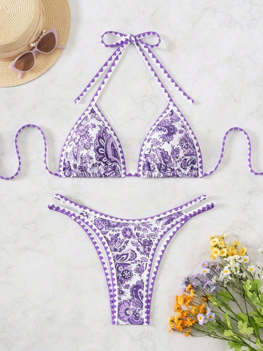 Purple Printed Halter Neck Sexy Bikini-[Adult]-[Female]-Purple-S-2022 Online Blue Zone Planet