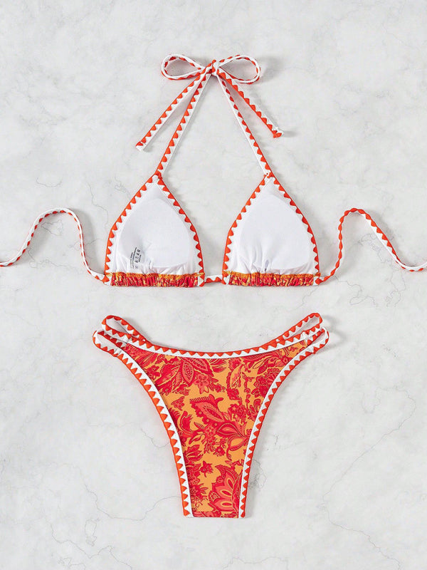 Orange Printed Halter Neck Sexy Bikini-[Adult]-[Female]-2022 Online Blue Zone Planet