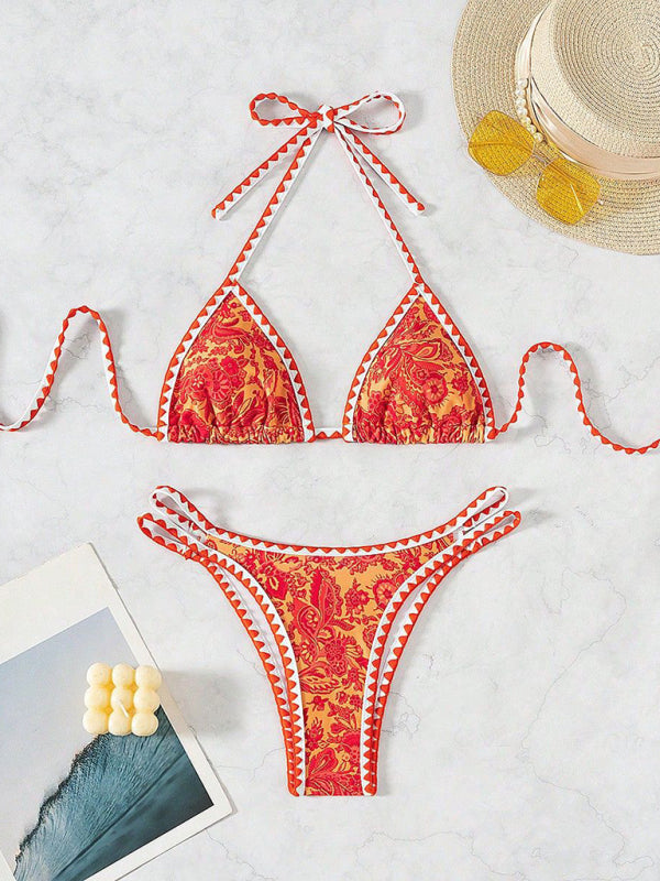 Orange Printed Halter Neck Sexy Bikini-[Adult]-[Female]-Orange-S-2022 Online Blue Zone Planet