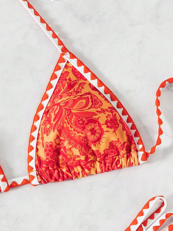 Orange Printed Halter Neck Sexy Bikini-[Adult]-[Female]-2022 Online Blue Zone Planet