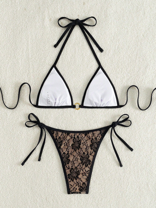 Black lace halter top with floral pattern and nude bikini-[Adult]-[Female]-2022 Online Blue Zone Planet