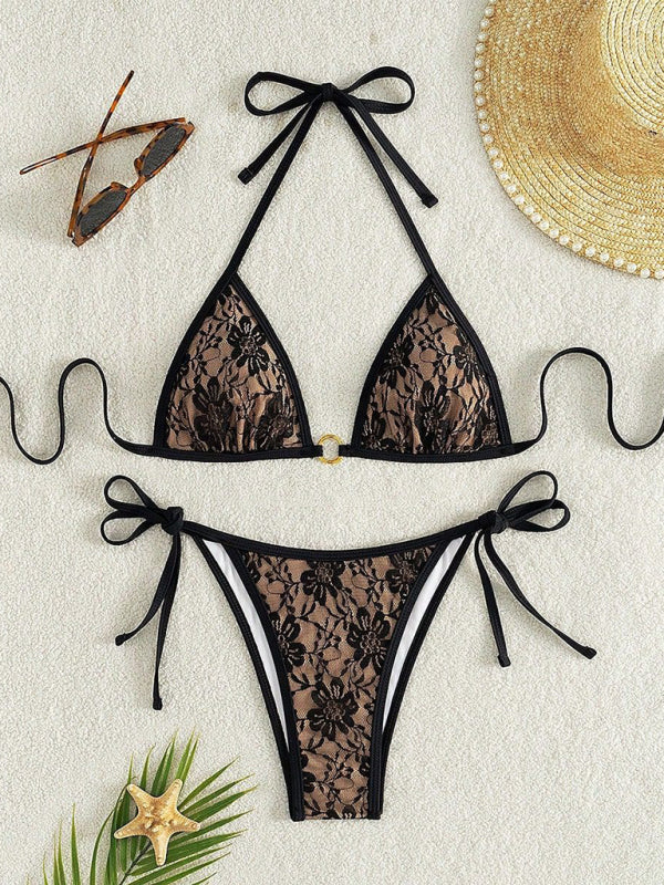 Black lace halter top with floral pattern and nude bikini-[Adult]-[Female]-Black-S-2022 Online Blue Zone Planet
