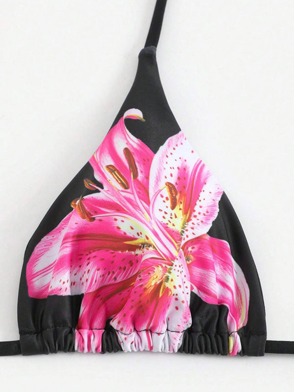 Retro flower print tropical skirt split strap beach three-piece set-[Adult]-[Female]-2022 Online Blue Zone Planet