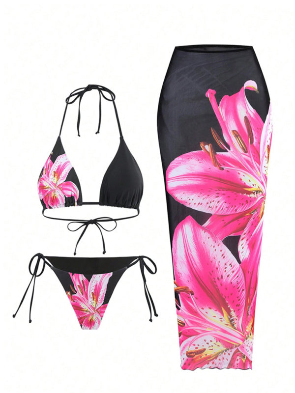 Retro flower print tropical skirt split strap beach three-piece set-[Adult]-[Female]-2022 Online Blue Zone Planet