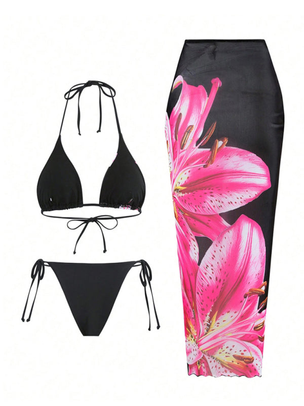 Retro flower print tropical skirt split strap beach three-piece set-[Adult]-[Female]-2022 Online Blue Zone Planet