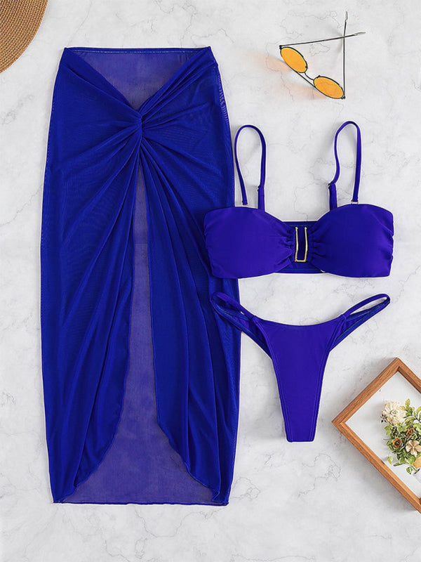 Linda's Solid Color Three-Piece U-Shaped Decoration Bikini-[Adult]-[Female]-2022 Online Blue Zone Planet