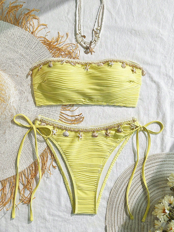 Holly's Starfish Shell Tassel Swimsuit Bikini-[Adult]-[Female]-Yellow-XS-2022 Online Blue Zone Planet