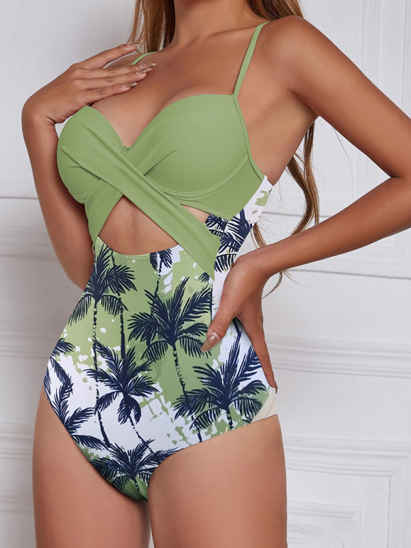 Spliced One-Piece Sexy Maple Leaf Print High Waist Cross Bikini-[Adult]-[Female]-Green-S-2022 Online Blue Zone Planet
