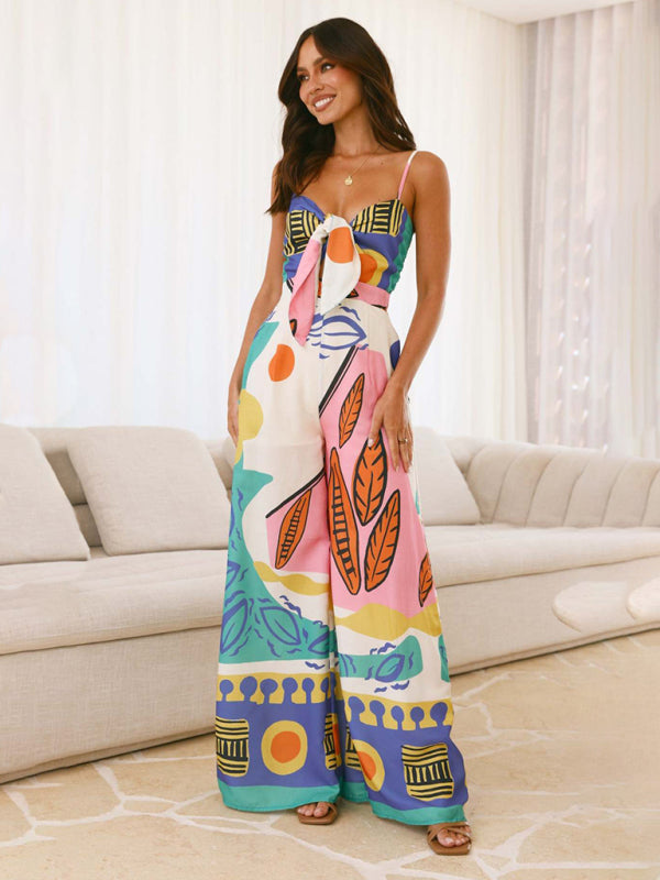Fashion digital printed chest strap jumpsuit-[Adult]-[Female]-Blue-S-2022 Online Blue Zone Planet