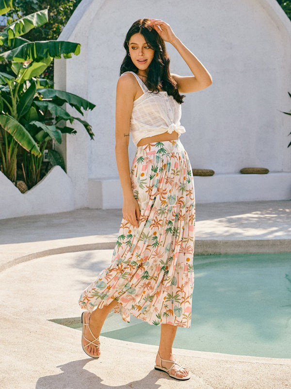 New Coconut Tree Print Bohemian Holiday Beach Skirt-[Adult]-[Female]-2022 Online Blue Zone Planet