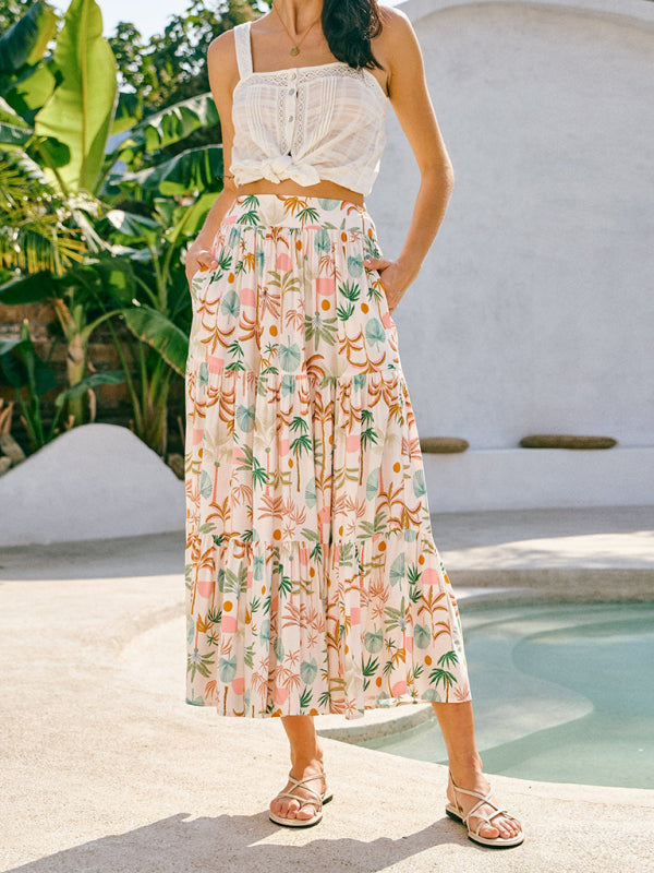 New Coconut Tree Print Bohemian Holiday Beach Skirt-[Adult]-[Female]-2022 Online Blue Zone Planet