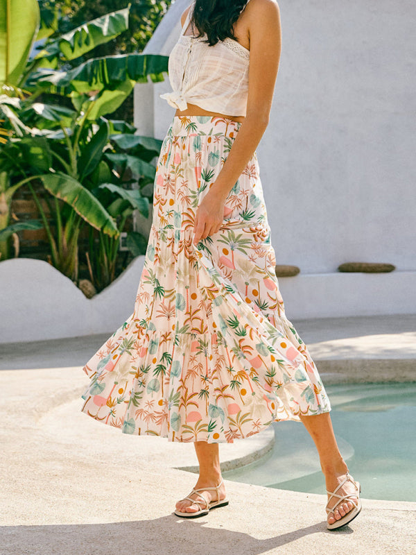 New Coconut Tree Print Bohemian Holiday Beach Skirt-[Adult]-[Female]-2022 Online Blue Zone Planet