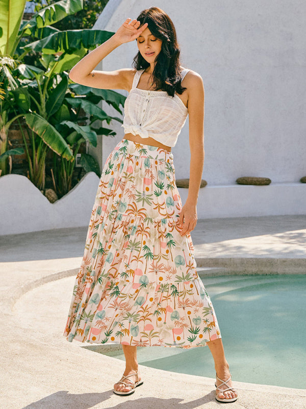 New Coconut Tree Print Bohemian Holiday Beach Skirt-[Adult]-[Female]-Brown-S-2022 Online Blue Zone Planet