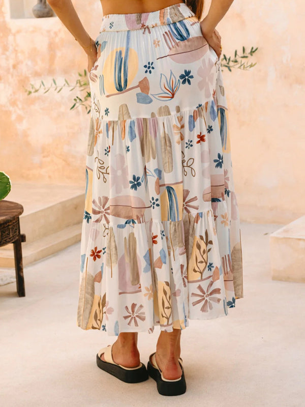 New White Plant Print Bohemian Holiday Beach Skirt-[Adult]-[Female]-2022 Online Blue Zone Planet