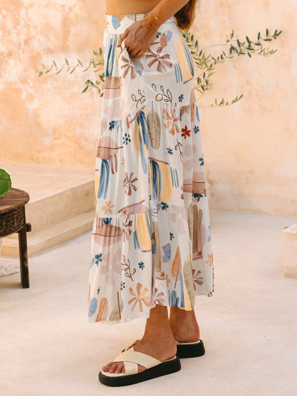 New White Plant Print Bohemian Holiday Beach Skirt-[Adult]-[Female]-2022 Online Blue Zone Planet