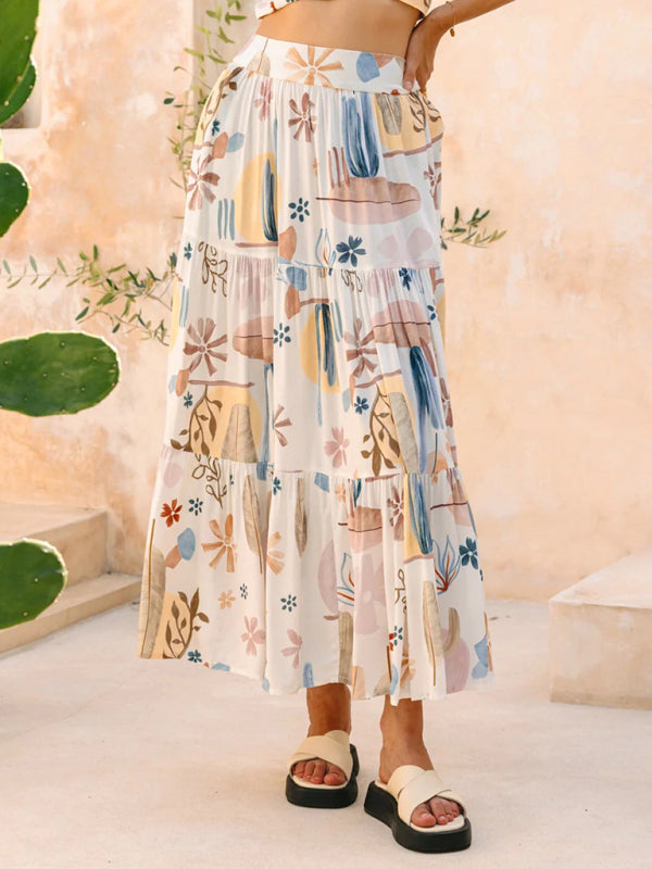 New White Plant Print Bohemian Holiday Beach Skirt-[Adult]-[Female]-2022 Online Blue Zone Planet