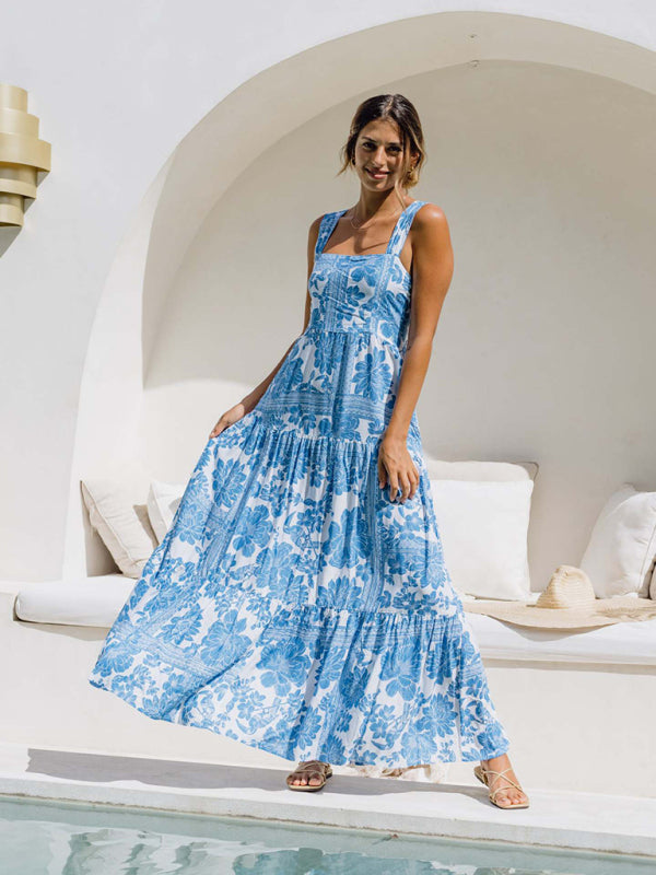 Blue floral print bohemian holiday beach dress loose suspender dress-TOPS / DRESSES-[Adult]-[Female]-Blue-S-2022 Online Blue Zone Planet