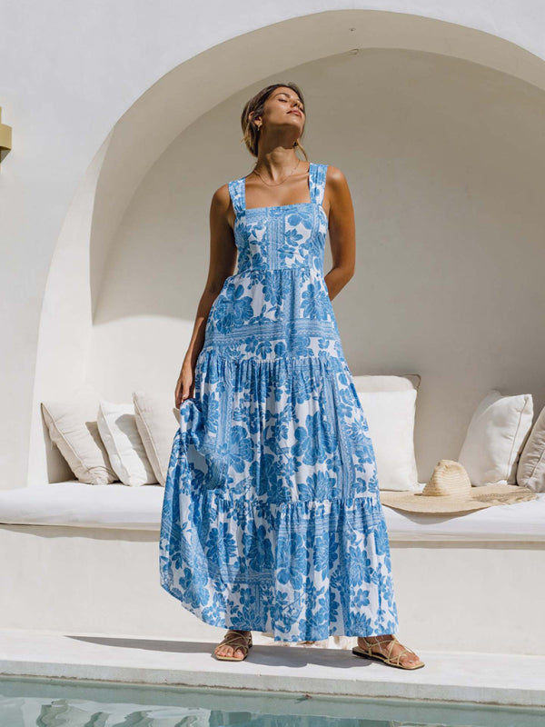 Blue floral print bohemian holiday beach dress loose suspender dress-TOPS / DRESSES-[Adult]-[Female]-2022 Online Blue Zone Planet
