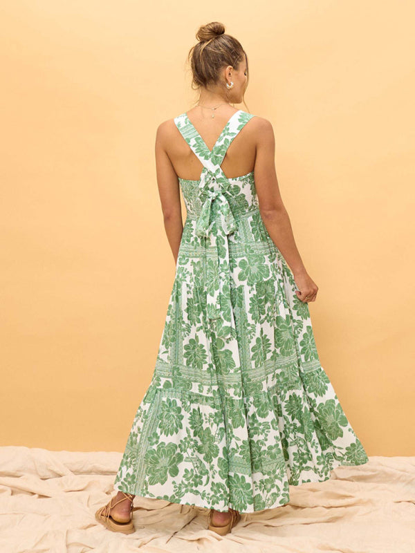 Green floral print bohemian holiday beach dress loose suspender dress-TOPS / DRESSES-[Adult]-[Female]-2022 Online Blue Zone Planet