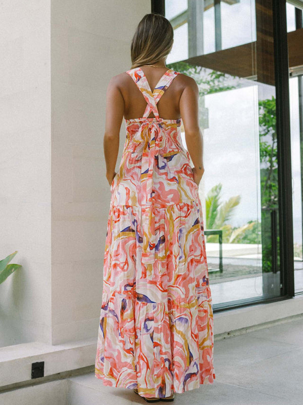 Orange floral print bohemian holiday beach dress loose suspender dress-TOPS / DRESSES-[Adult]-[Female]-2022 Online Blue Zone Planet