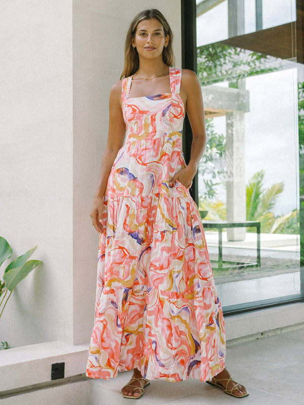Orange floral print bohemian holiday beach dress loose suspender dress-TOPS / DRESSES-[Adult]-[Female]-2022 Online Blue Zone Planet