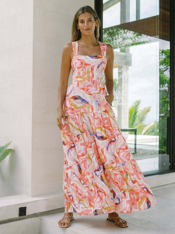 Orange floral print bohemian holiday beach dress loose suspender dress-TOPS / DRESSES-[Adult]-[Female]-Orange-S-2022 Online Blue Zone Planet
