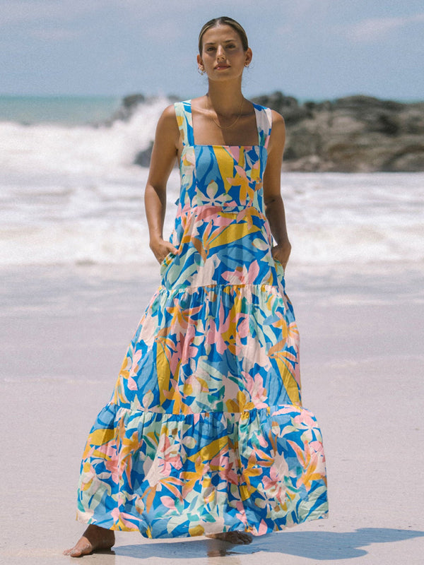 Blue and pink floral print bohemian holiday style beach dress loose suspender dress-TOPS / DRESSES-[Adult]-[Female]-Spearmint viridis-S-2022 Online Blue Zone Planet
