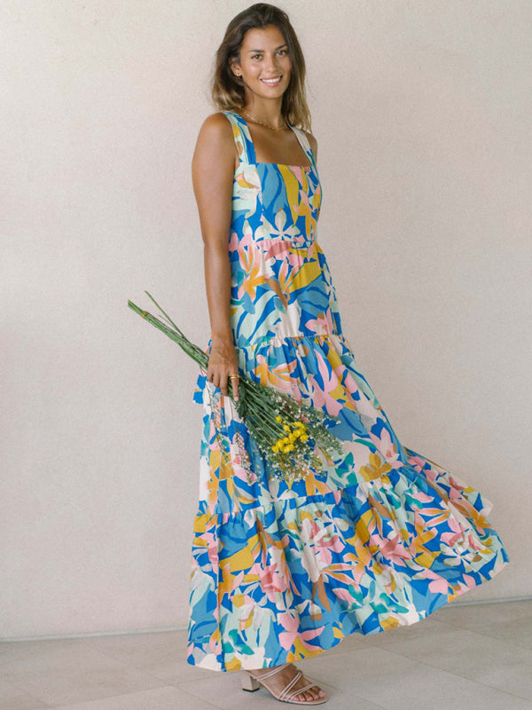 Blue and pink floral print bohemian holiday style beach dress loose suspender dress-TOPS / DRESSES-[Adult]-[Female]-2022 Online Blue Zone Planet