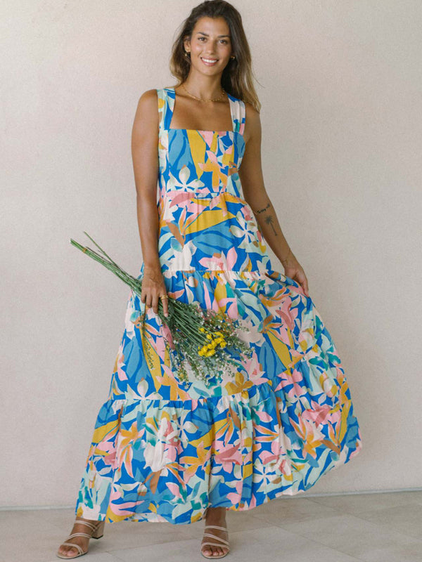 Blue and pink floral print bohemian holiday style beach dress loose suspender dress-TOPS / DRESSES-[Adult]-[Female]-2022 Online Blue Zone Planet