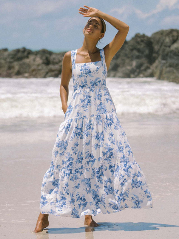 White and blue floral print bohemian holiday beach dress loose suspender dress-TOPS / DRESSES-[Adult]-[Female]-2022 Online Blue Zone Planet