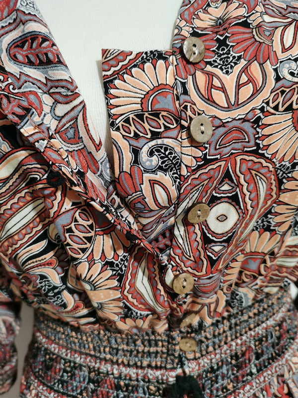Three-quarter sleeve waisted Bohemian casual holiday beach dress-TOPS / DRESSES-[Adult]-[Female]-2022 Online Blue Zone Planet
