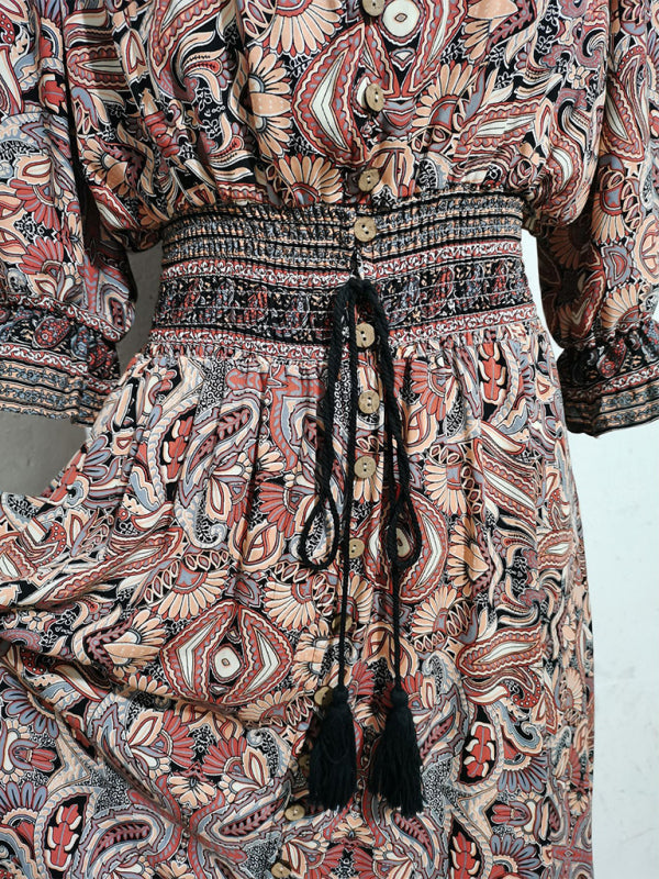 Three-quarter sleeve waisted Bohemian casual holiday beach dress-TOPS / DRESSES-[Adult]-[Female]-2022 Online Blue Zone Planet