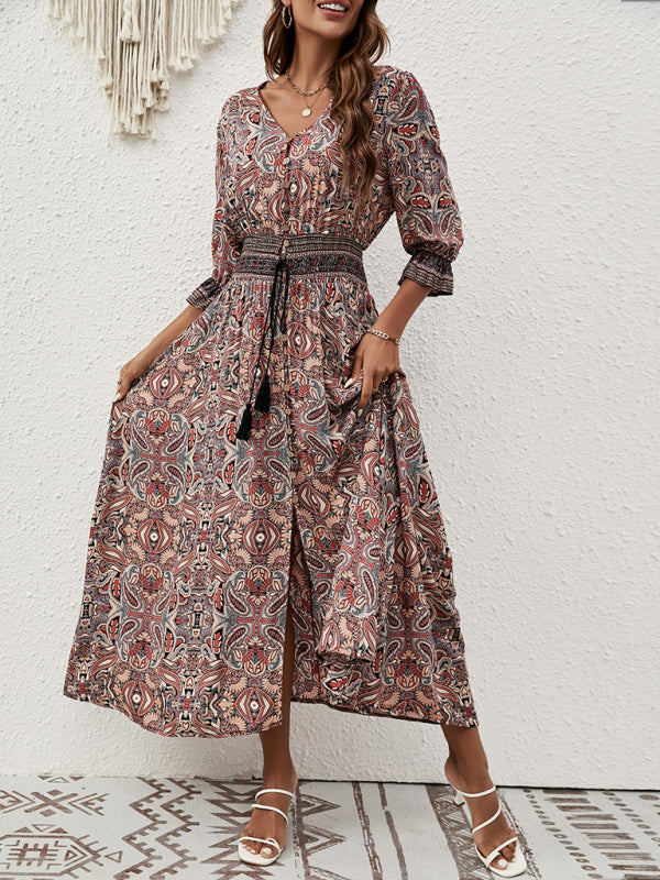 Three-quarter sleeve waisted Bohemian casual holiday beach dress-TOPS / DRESSES-[Adult]-[Female]-Olive yellow-S-2022 Online Blue Zone Planet
