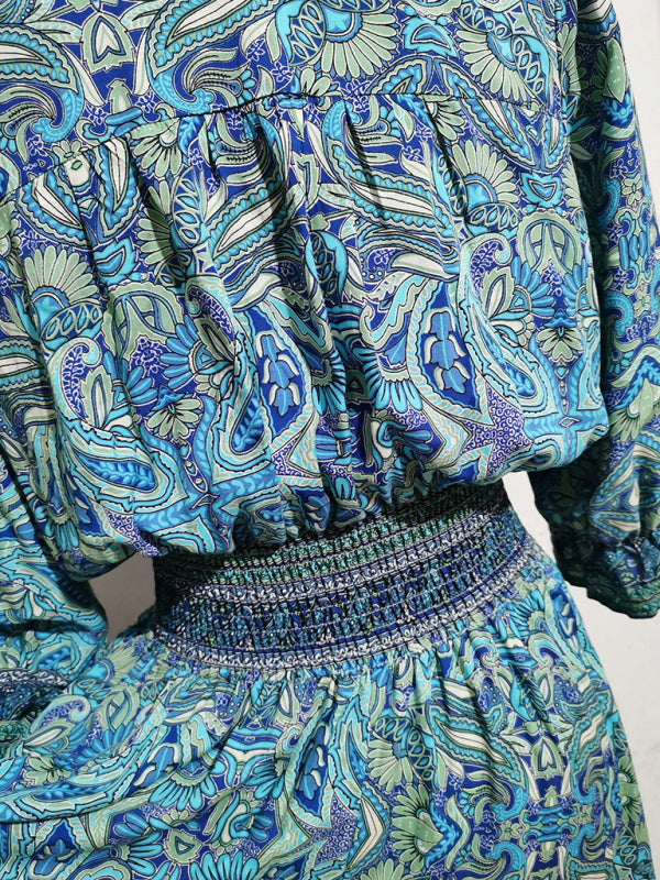 Three-quarter sleeve waisted Bohemian casual holiday beach dress-TOPS / DRESSES-[Adult]-[Female]-2022 Online Blue Zone Planet